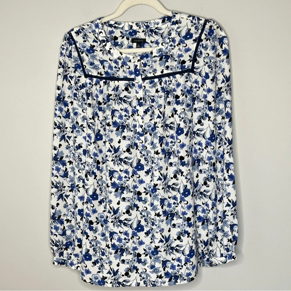 Talbots Navy Floral Size Large Cottage Core Coquette Coastal Grandma Blouse Top‎